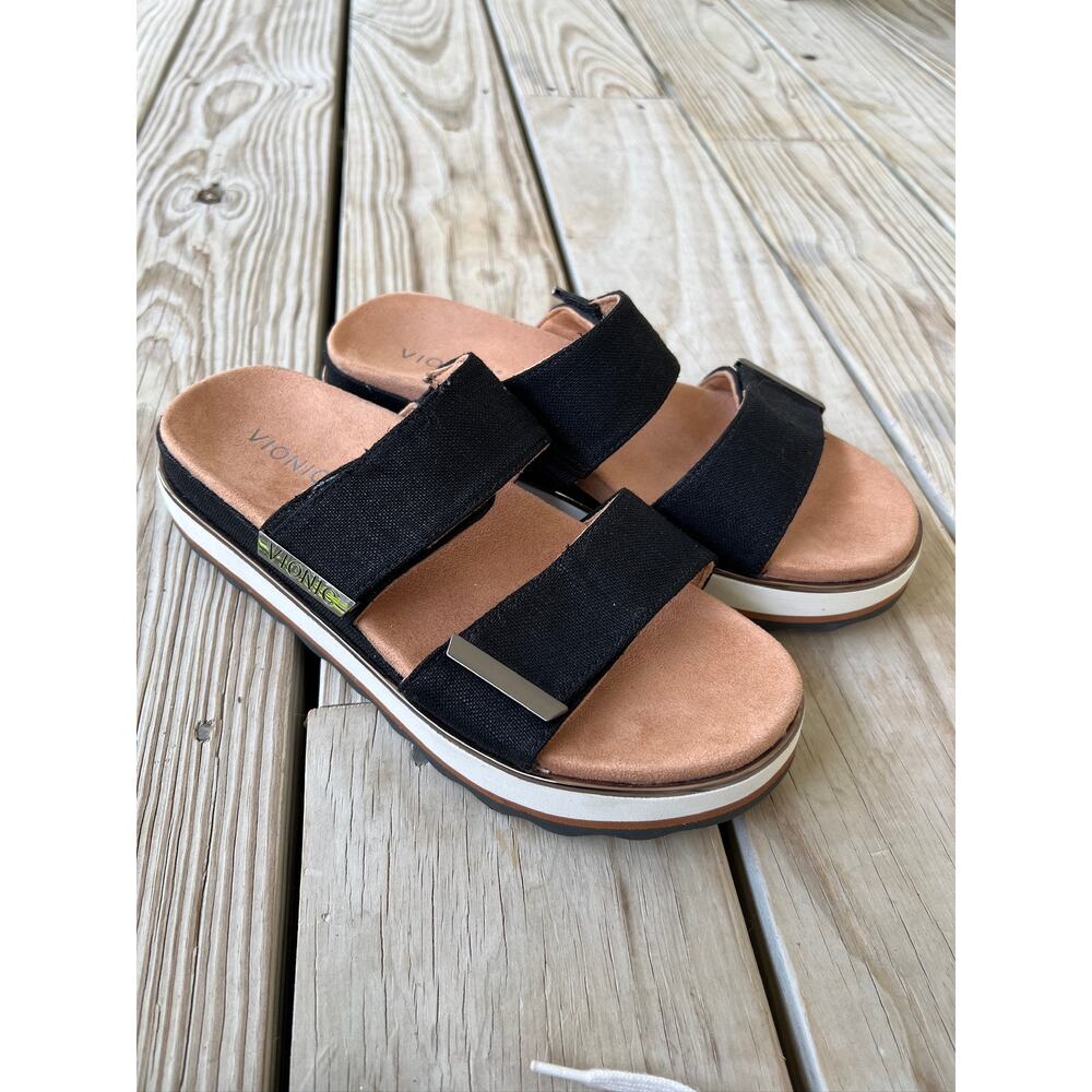 Vionic Brandie linen velcro platform sandals 9 black